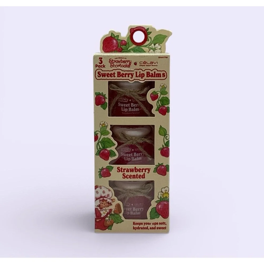 STRAWBERRY SHORTCAKE Sweet Berry‎ Lip Balm Jars Set Of 3 Scented Lip Balms